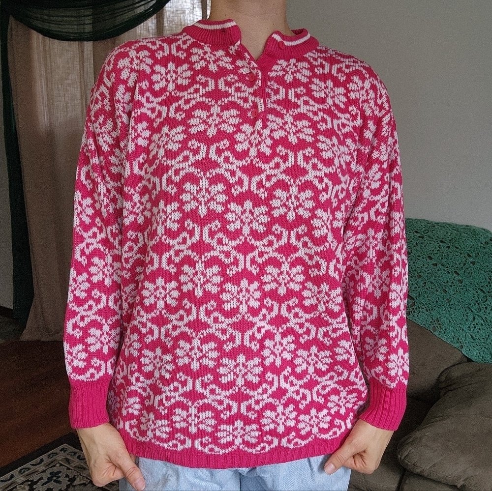 Vintage American Weekend Floral Knit Varsity Sweater Size Medium